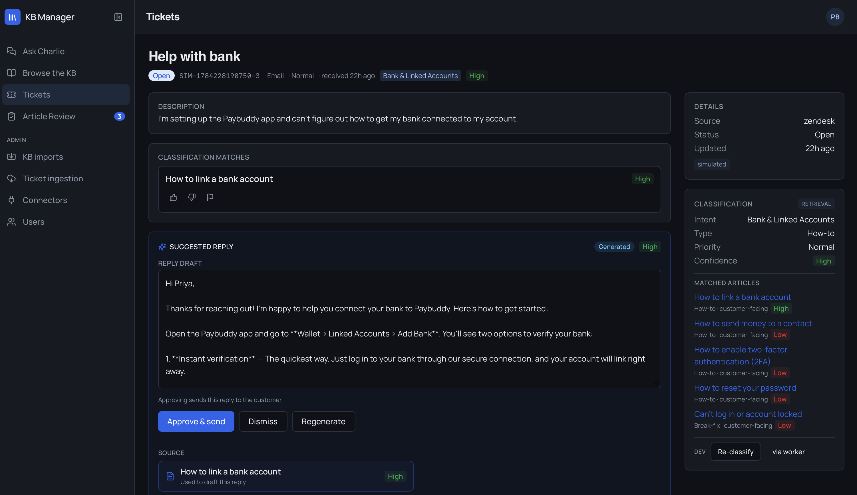 Support Copilot ticket detail: classification matches, AI-suggested reply draft, and matched knowledge base articles